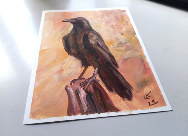 Expressive oil painting of a majestic raven by Lada Kholosho. One-of-a-kind artwork, unframed, signed, with a certificate. Ships worldwide.