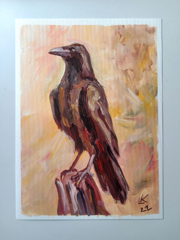 Expressive oil painting of a majestic raven by Lada Kholosho. One-of-a-kind artwork, unframed, signed, with a certificate. Ships worldwide.