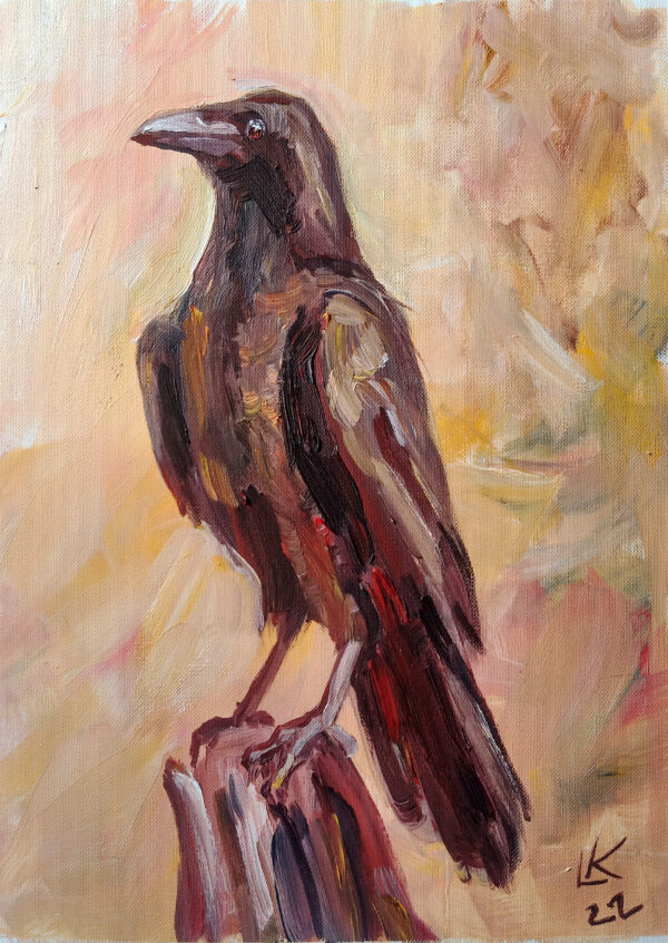 Expressive oil painting of a majestic raven by Lada Kholosho. One-of-a-kind artwork, unframed, signed, with a certificate. Ships worldwide.