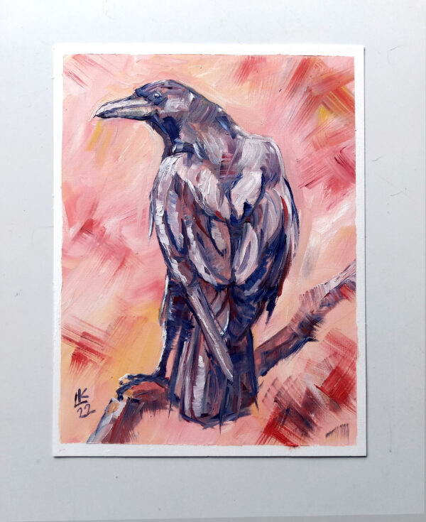 Expressive oil painting of a majestic raven by Lada Kholosho. One-of-a-kind artwork, unframed, signed, with a certificate. Ships worldwide.
