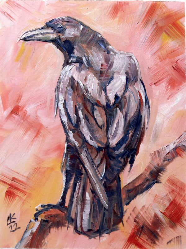 Expressive oil painting of a majestic raven by Lada Kholosho. One-of-a-kind artwork, unframed, signed, with a certificate. Ships worldwide.