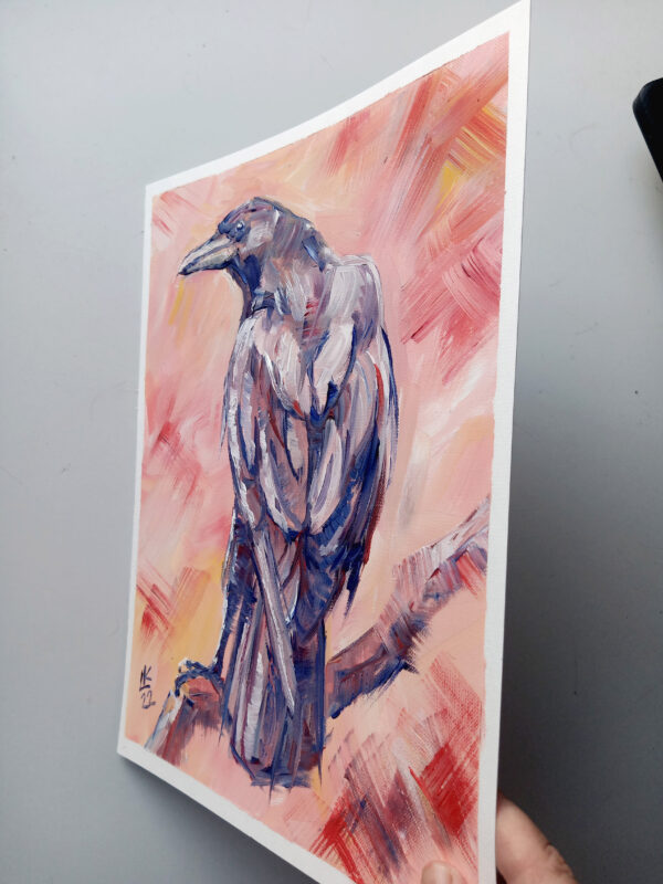 Expressive oil painting of a majestic raven by Lada Kholosho. One-of-a-kind artwork, unframed, signed, with a certificate. Ships worldwide.