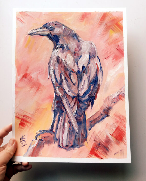 Expressive oil painting of a majestic raven by Lada Kholosho. One-of-a-kind artwork, unframed, signed, with a certificate. Ships worldwide.
