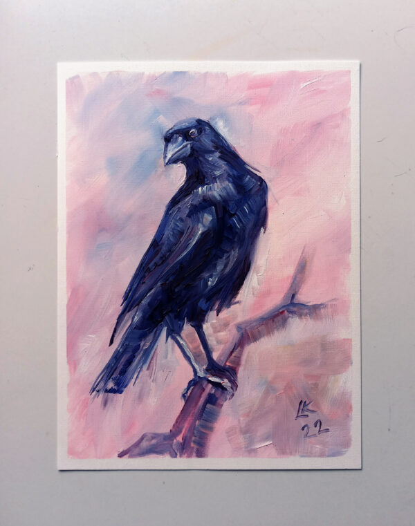Expressive oil painting of a blue raven by Lada Kholosho. Bold brushstrokes, pastel pink background. One-of-a-kind, signed, with certificate. Ships worldwide.