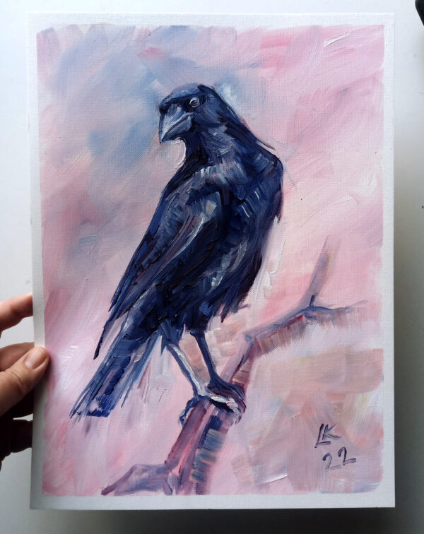 Expressive oil painting of a blue raven by Lada Kholosho. Bold brushstrokes, pastel pink background. One-of-a-kind, signed, with certificate. Ships worldwide.