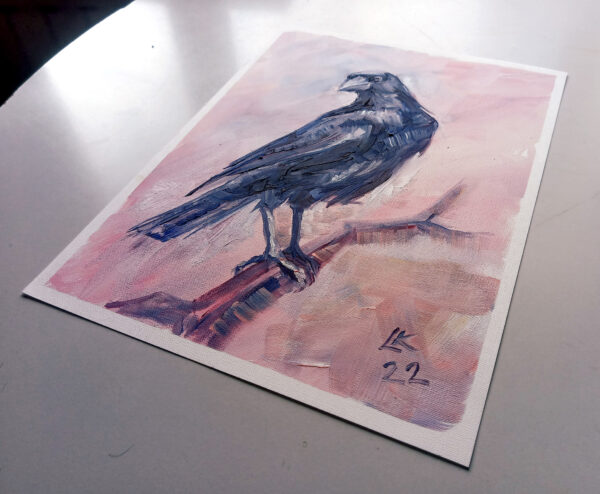 Expressive oil painting of a blue raven by Lada Kholosho. Bold brushstrokes, pastel pink background. One-of-a-kind, signed, with certificate. Ships worldwide.