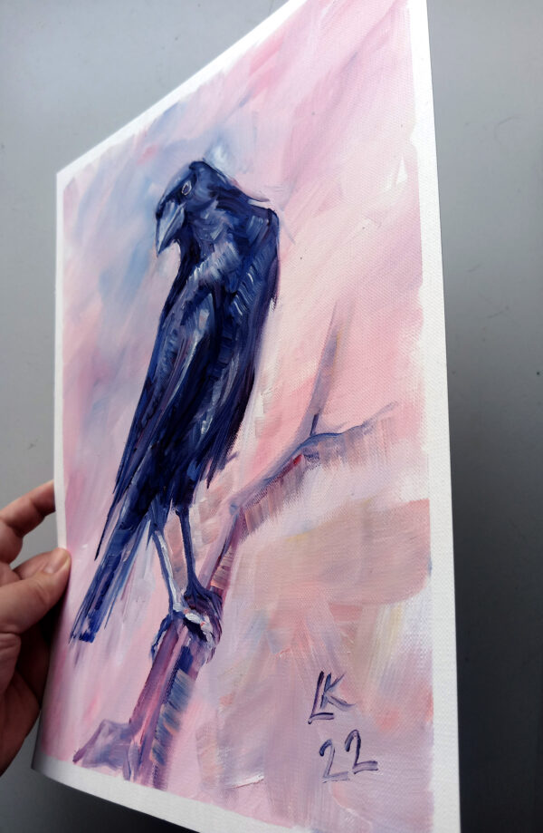 Expressive oil painting of a blue raven by Lada Kholosho. Bold brushstrokes, pastel pink background. One-of-a-kind, signed, with certificate. Ships worldwide.
