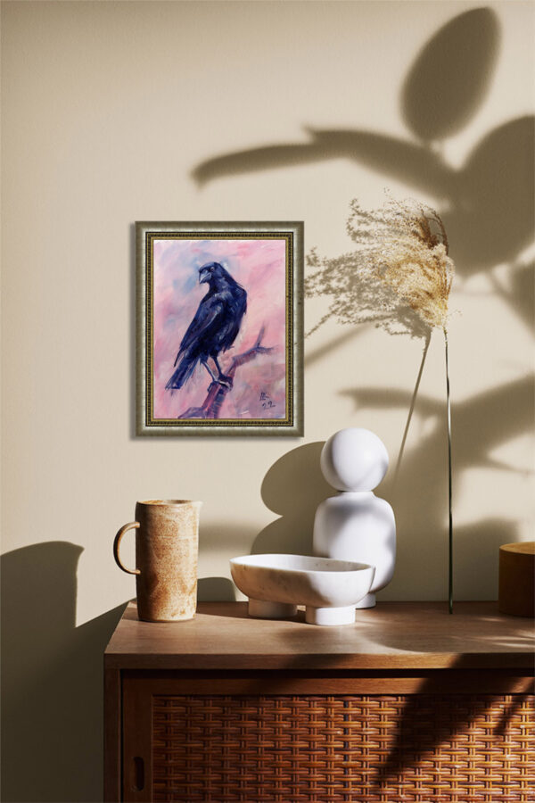 Expressive oil painting of a blue raven by Lada Kholosho. Bold brushstrokes, pastel pink background. One-of-a-kind, signed, with certificate. Ships worldwide.