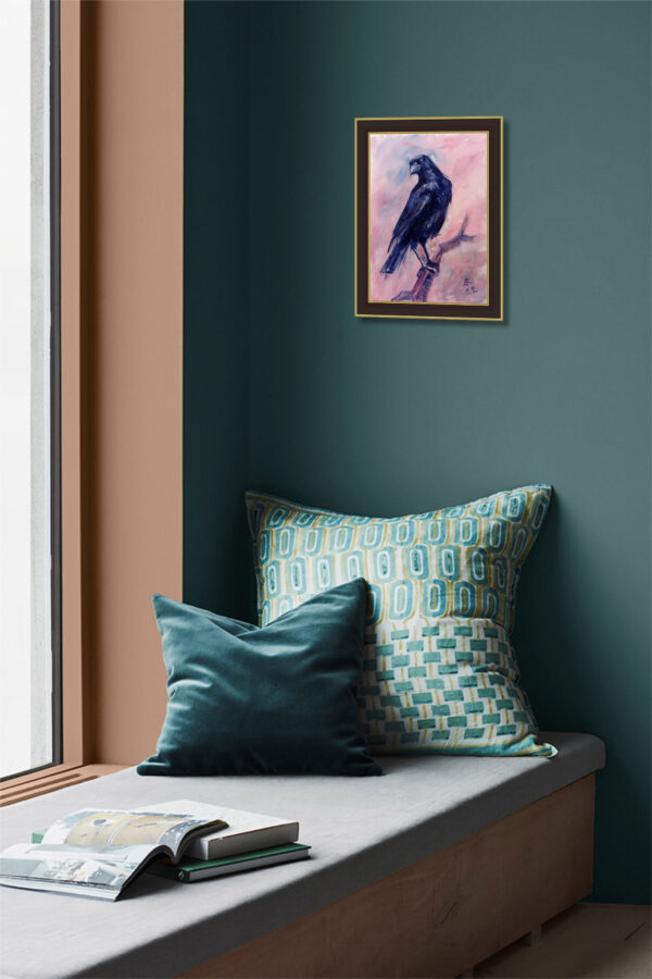 Expressive oil painting of a blue raven by Lada Kholosho. Bold brushstrokes, pastel pink background. One-of-a-kind, signed, with certificate. Ships worldwide.