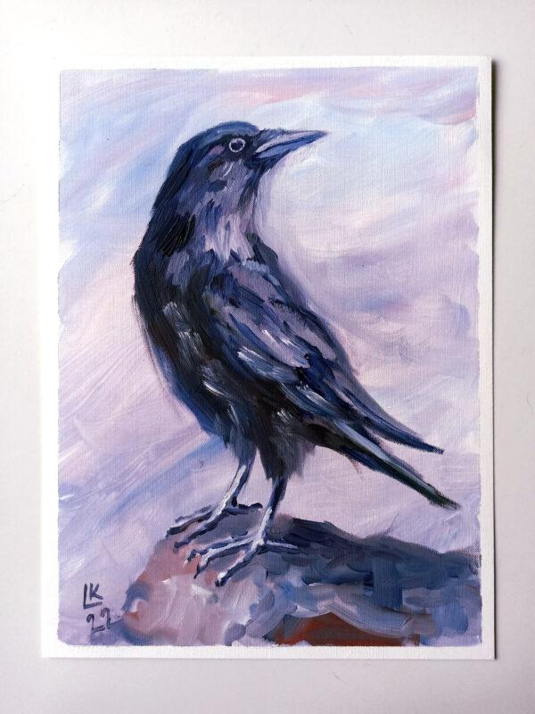 Expressive oil painting of a blue raven by Lada Kholosho. Bold brushstrokes, pastel pink background. One-of-a-kind, signed, with certificate. Ships worldwide.