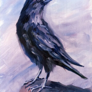 Expressive oil painting of a blue raven by Lada Kholosho. Bold brushstrokes, pastel pink background. One-of-a-kind, signed, with certificate. Ships worldwide.