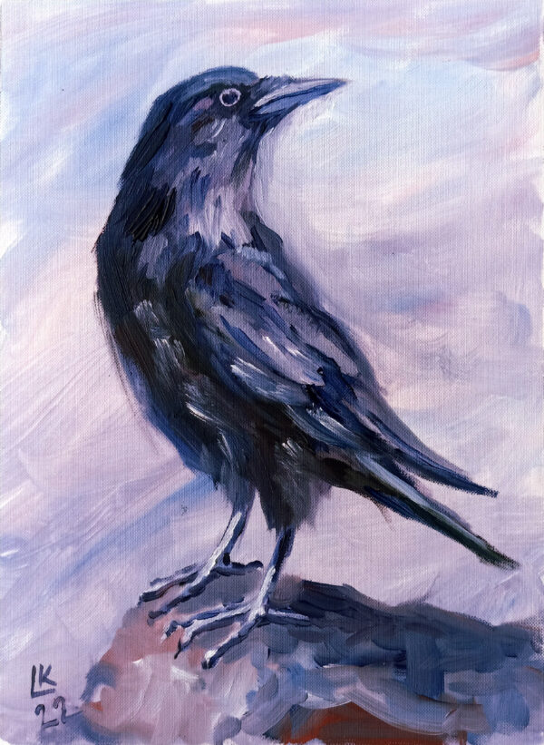 Expressive oil painting of a blue raven by Lada Kholosho. Bold brushstrokes, pastel pink background. One-of-a-kind, signed, with certificate. Ships worldwide.