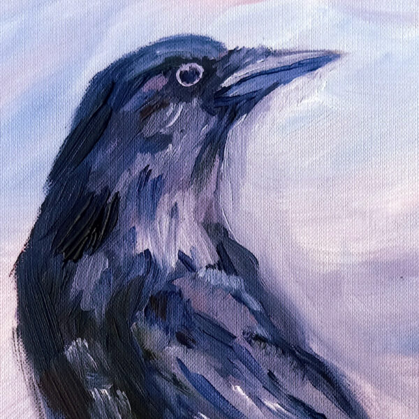Expressive oil painting of a blue raven by Lada Kholosho. Bold brushstrokes, pastel pink background. One-of-a-kind, signed, with certificate. Ships worldwide.