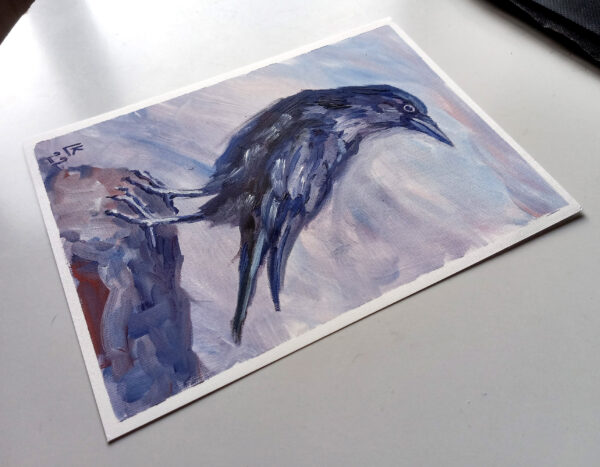 Expressive oil painting of a blue raven by Lada Kholosho. Bold brushstrokes, pastel pink background. One-of-a-kind, signed, with certificate. Ships worldwide.