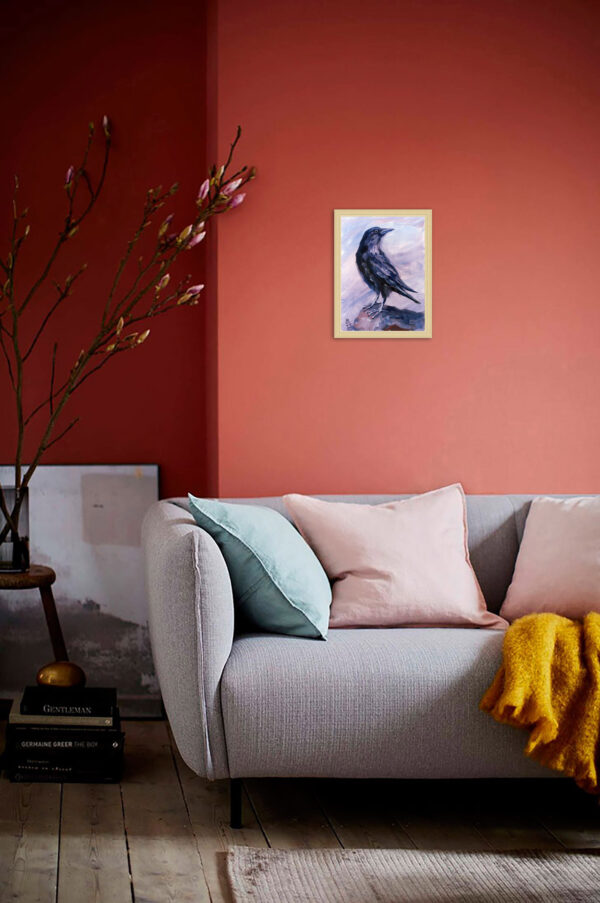 Expressive oil painting of a blue raven by Lada Kholosho. Bold brushstrokes, pastel pink background. One-of-a-kind, signed, with certificate. Ships worldwide.
