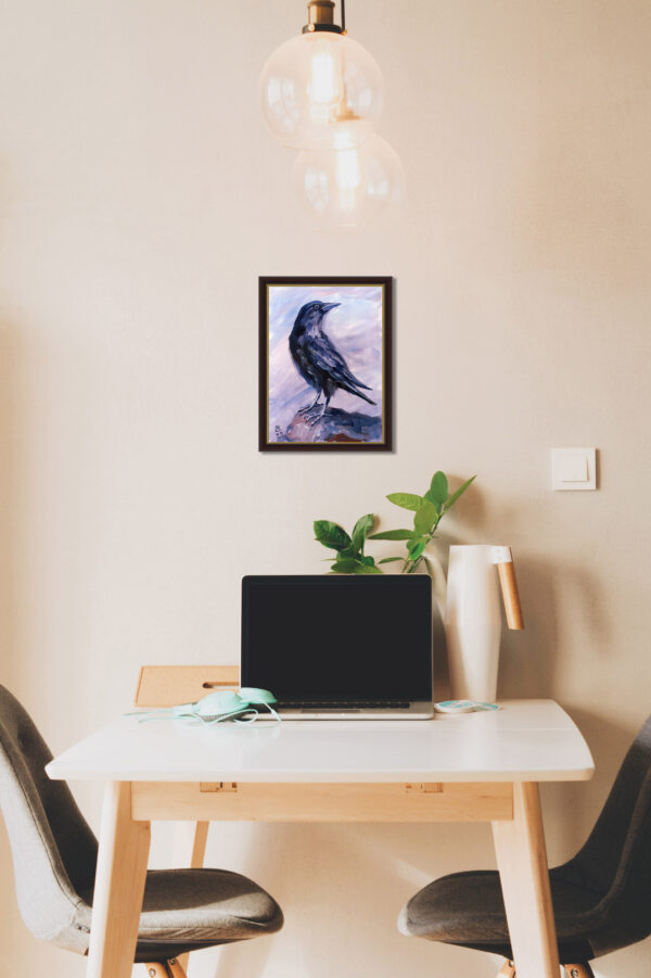 Expressive oil painting of a blue raven by Lada Kholosho. Bold brushstrokes, pastel pink background. One-of-a-kind, signed, with certificate. Ships worldwide.
