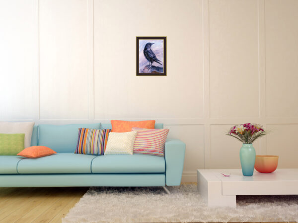 Expressive oil painting of a blue raven by Lada Kholosho. Bold brushstrokes, pastel pink background. One-of-a-kind, signed, with certificate. Ships worldwide.