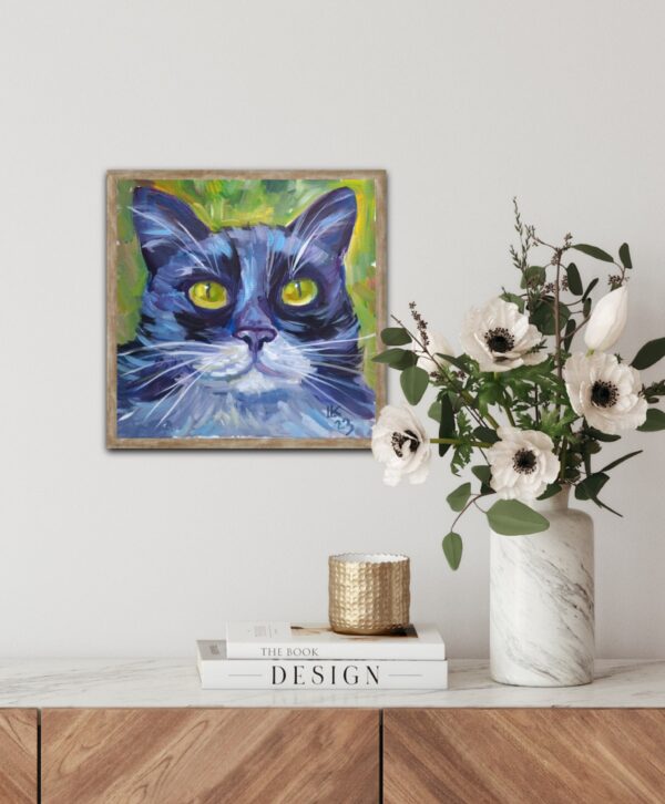 Black cat with white mustache and green eyes. Tuxedo cat. Oil on canvas. - Image 7