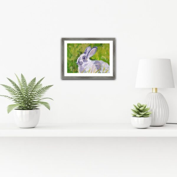 One-of-a-kind acrylic painting "White bunny portrait" by Lada Kholosho (2025). Charming and vibrant artwork featuring a rabbit in lush green foliage. Perfect for wildlife art lovers and collectors. Ships worldwide
