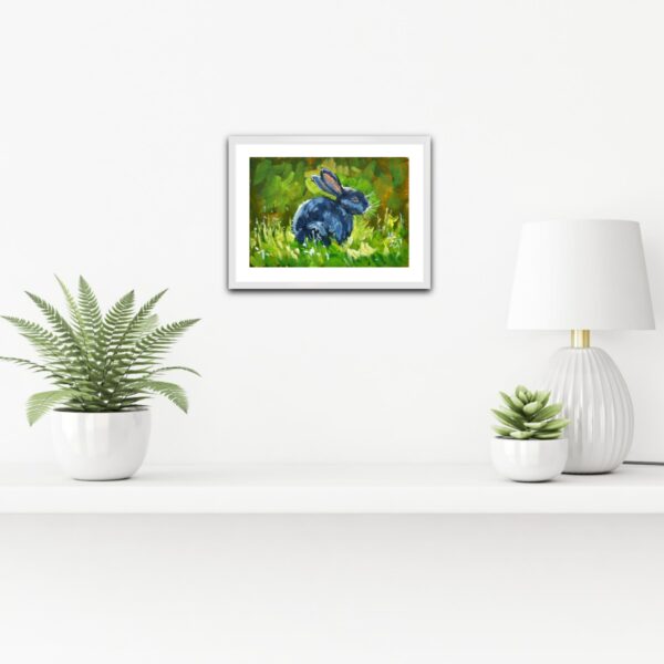 One-of-a-kind acrylic painting "Black Rabbit in Sunlit Grass" by Lada Kholosho (2025). Perfect for wildlife art lovers and collectors. Ships worldwide.