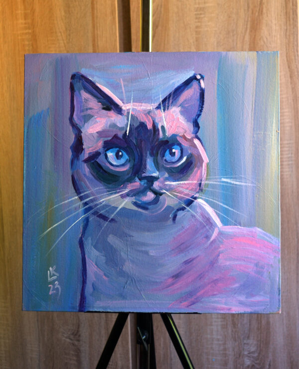 Siamese cat portrait on a blue background. Acrylic on canvas. - Image 2
