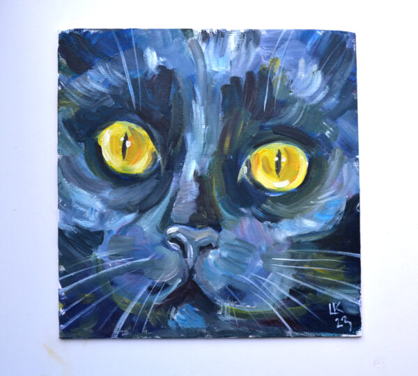 Discover the captivating charm of "Black Cat Portrait" by Lada Kholosho. This one-of-a-kind oil painting on canvas board (25x25 cm) features bold brushstrokes and mesmerizing yellow eyes. Signed and shipped with a certificate of authenticity.
