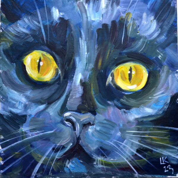 Discover the captivating charm of "Black Cat Portrait" by Lada Kholosho. This one-of-a-kind oil painting on canvas board (25x25 cm) features bold brushstrokes and mesmerizing yellow eyes. Signed and shipped with a certificate of authenticity.
