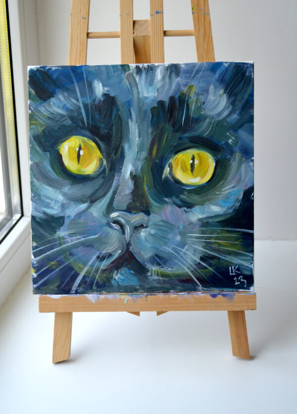 Discover the captivating charm of "Black Cat Portrait" by Lada Kholosho. This one-of-a-kind oil painting on canvas board (25x25 cm) features bold brushstrokes and mesmerizing yellow eyes. Signed and shipped with a certificate of authenticity.
