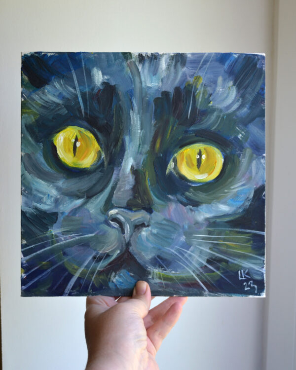 Discover the captivating charm of "Black Cat Portrait" by Lada Kholosho. This one-of-a-kind oil painting on canvas board (25x25 cm) features bold brushstrokes and mesmerizing yellow eyes. Signed and shipped with a certificate of authenticity.