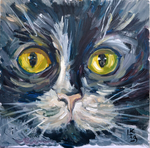 Original painting of a black tuxedo cat by Lada Kholosho. One-of-a-kind oil artwork on canvas board (25x25 cm) with bold brushstrokes and vivid yellow eyes. One-of-a-kind artwork shipped worldwide directly from the artist.