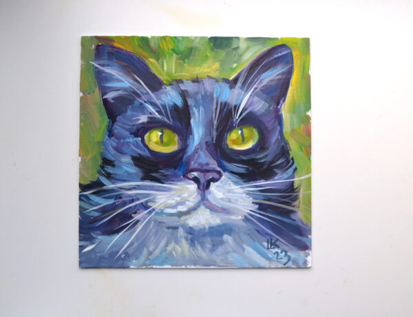 Original painting of a tuxedo cat by Lada Kholosho. One-of-a-kind oil artwork on canvas board (25x25 cm) featuring bold brushstrokes and captivating yellow-green eyes. Signed and shipped with a certificate of authenticity.