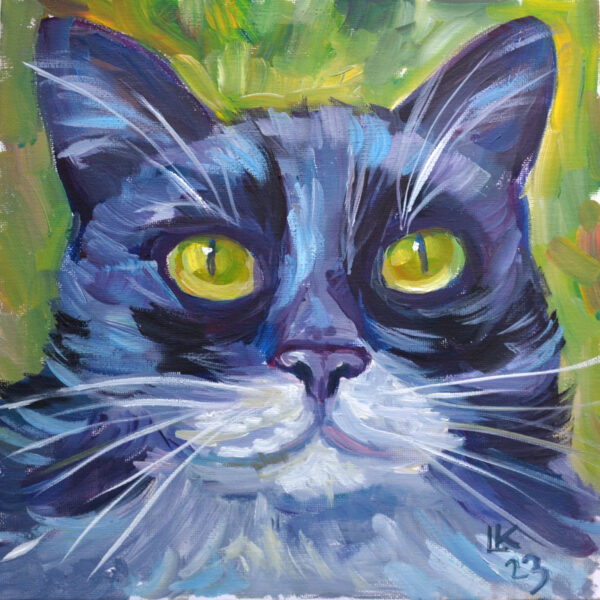 Original painting of a tuxedo cat by Lada Kholosho. One-of-a-kind oil artwork on canvas board (25x25 cm) featuring bold brushstrokes and captivating yellow-green eyes. Signed and shipped with a certificate of authenticity.