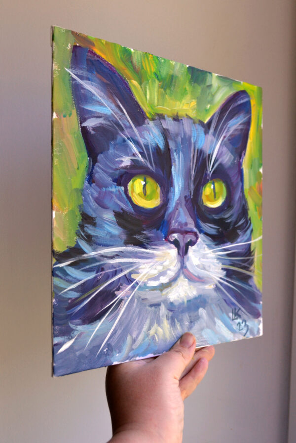 Original painting of a tuxedo cat by Lada Kholosho. One-of-a-kind oil artwork on canvas board (25x25 cm) featuring bold brushstrokes and captivating yellow-green eyes. Signed and shipped with a certificate of authenticity.