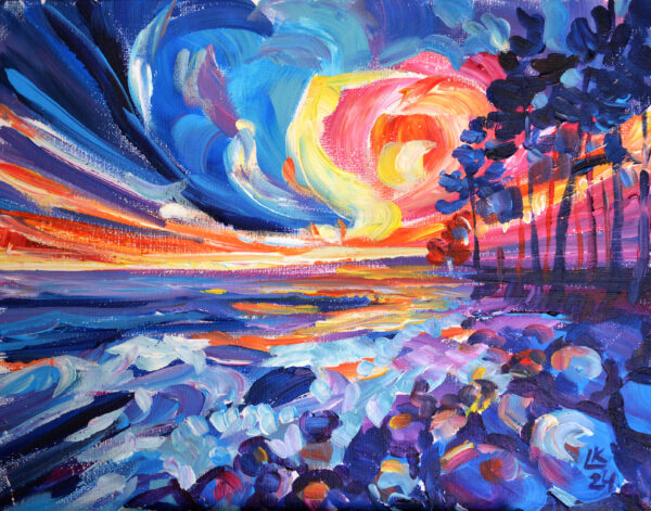 Experience the vibrant energy of a Baltic sunset with this one-of-a-kind acrylic artwork by Lada Kholosho. Bold brushstrokes and vivid colors capture the raw beauty of nature.