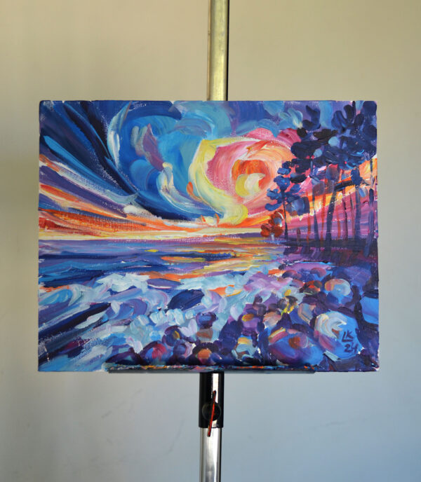 Experience the vibrant energy of a Baltic sunset with this one-of-a-kind acrylic artwork by Lada Kholosho. Bold brushstrokes and vivid colors capture the raw beauty of nature.