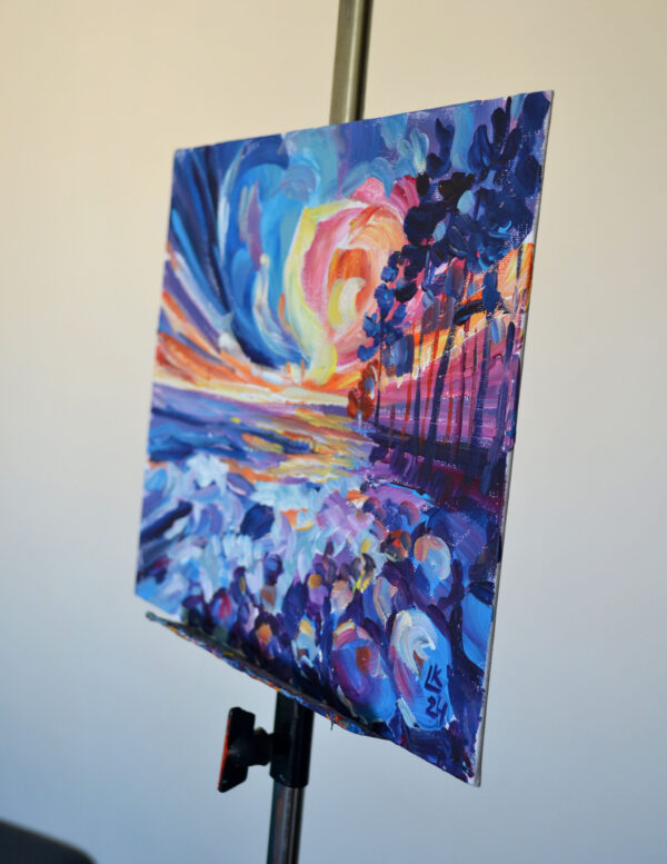 Experience the vibrant energy of a Baltic sunset with this one-of-a-kind acrylic artwork by Lada Kholosho. Bold brushstrokes and vivid colors capture the raw beauty of nature.