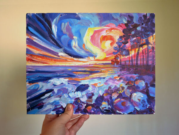 Experience the vibrant energy of a Baltic sunset with this one-of-a-kind acrylic artwork by Lada Kholosho. Bold brushstrokes and vivid colors capture the raw beauty of nature.