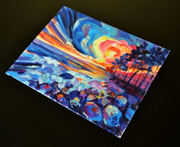 Experience the vibrant energy of a Baltic sunset with this one-of-a-kind acrylic artwork by Lada Kholosho. Bold brushstrokes and vivid colors capture the raw beauty of nature.