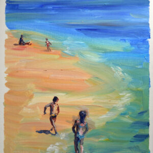 Joyful beach scene in acrylic by Lada Kholosho. Children play by the water under a clear sky. Expressive brushwork and vibrant colors. Original, signed artwork.