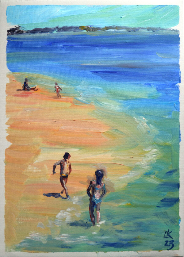 Joyful beach scene in acrylic by Lada Kholosho. Children play by the water under a clear sky. Expressive brushwork and vibrant colors. Original, signed artwork.