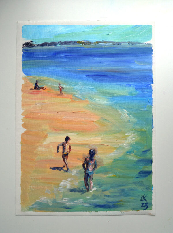 Joyful beach scene in acrylic by Lada Kholosho. Children play by the water under a clear sky. Expressive brushwork and vibrant colors. Original, signed artwork.