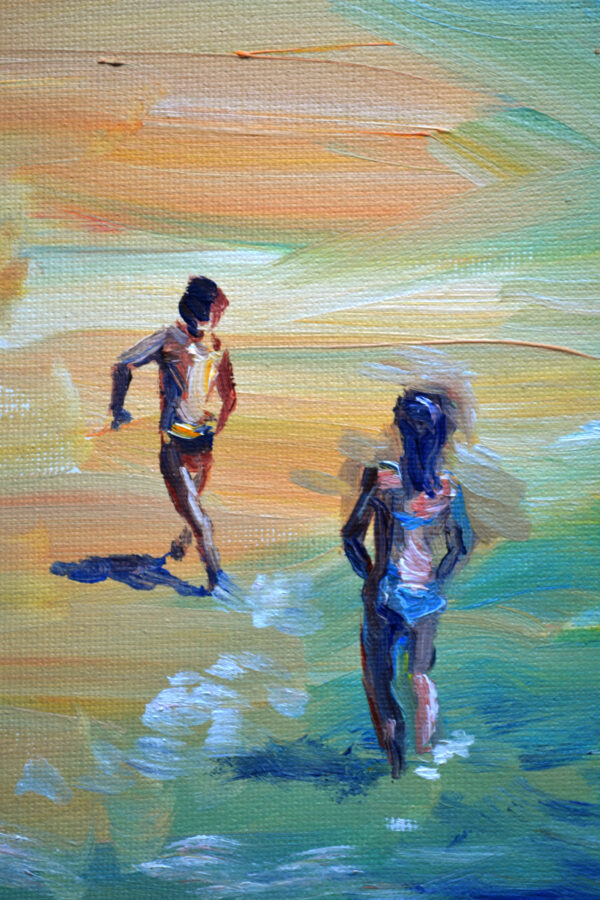 Joyful beach scene in acrylic by Lada Kholosho. Children play by the water under a clear sky. Expressive brushwork and vibrant colors. Original, signed artwork.