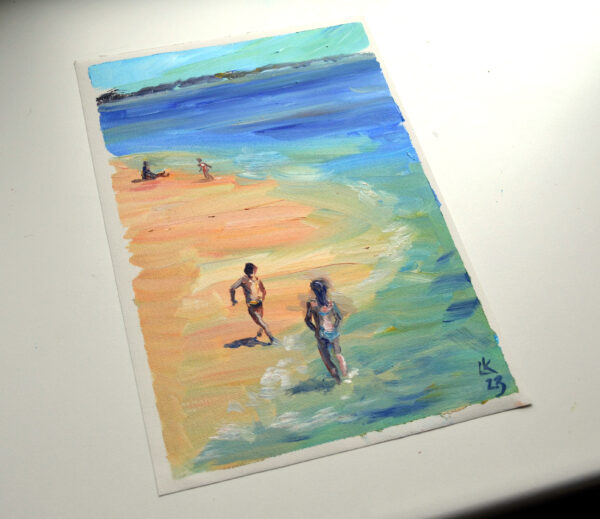 Joyful beach scene in acrylic by Lada Kholosho. Children play by the water under a clear sky. Expressive brushwork and vibrant colors. Original, signed artwork.