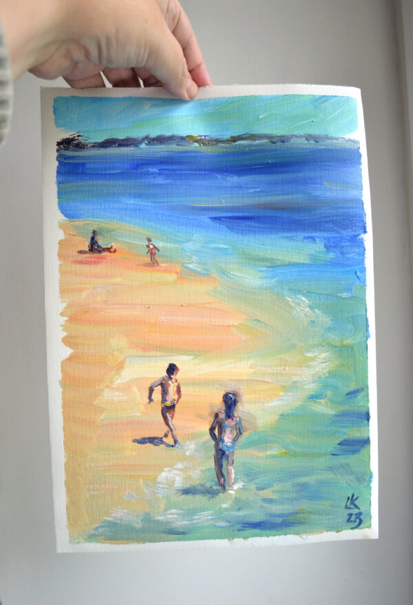 Joyful beach scene in acrylic by Lada Kholosho. Children play by the water under a clear sky. Expressive brushwork and vibrant colors. Original, signed artwork.