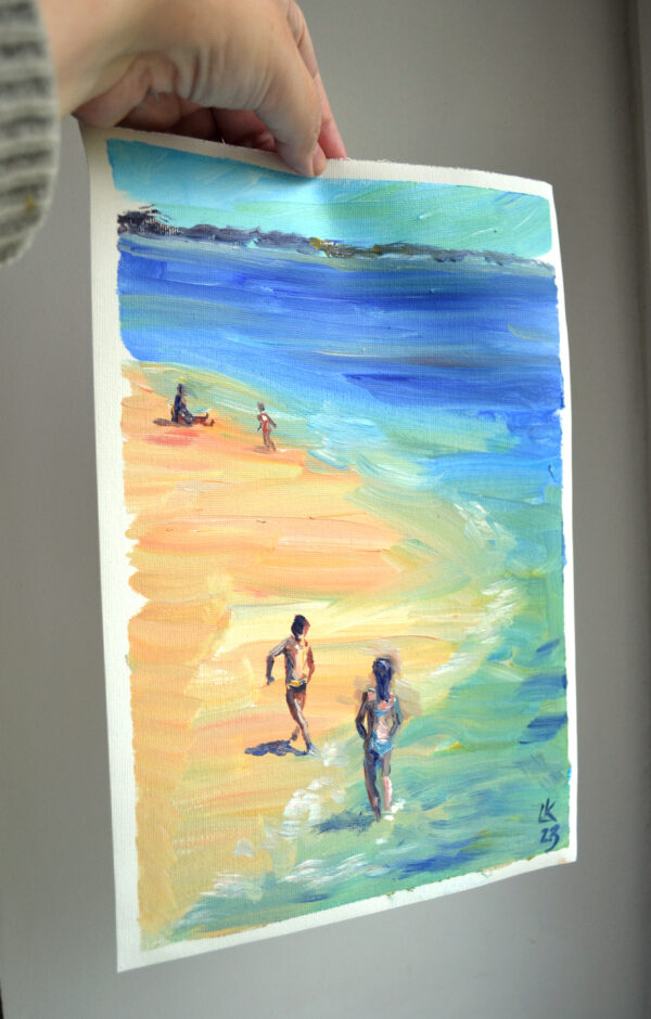 Joyful beach scene in acrylic by Lada Kholosho. Children play by the water under a clear sky. Expressive brushwork and vibrant colors. Original, signed artwork.