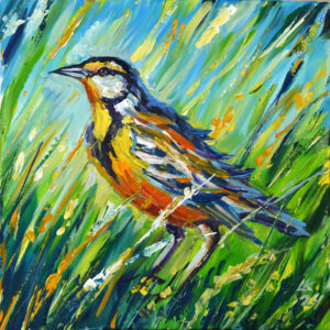 Vibrant acrylic painting of a meadowlark by Lada Kholosho. Bold colors, dynamic brushstrokes. One-of-a-kind, ready to hang, ships worldwide.