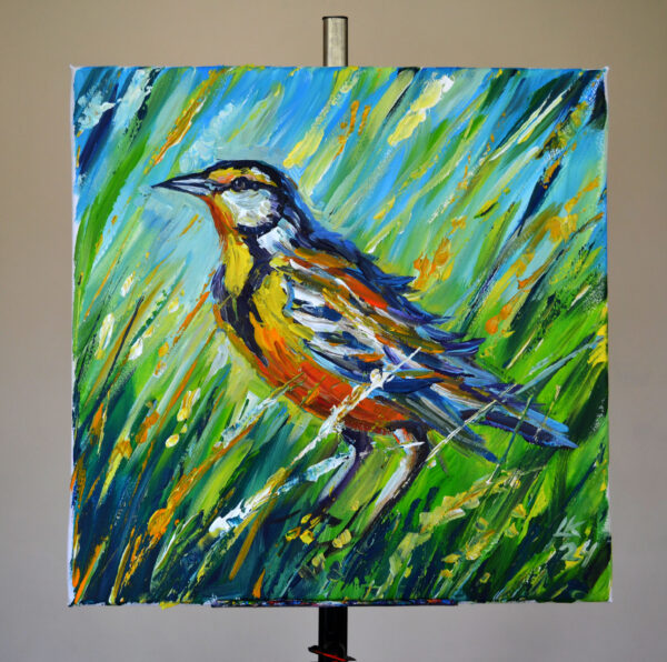 Vibrant acrylic painting of a meadowlark by Lada Kholosho. Bold colors, dynamic brushstrokes. One-of-a-kind, ready to hang, ships worldwide.