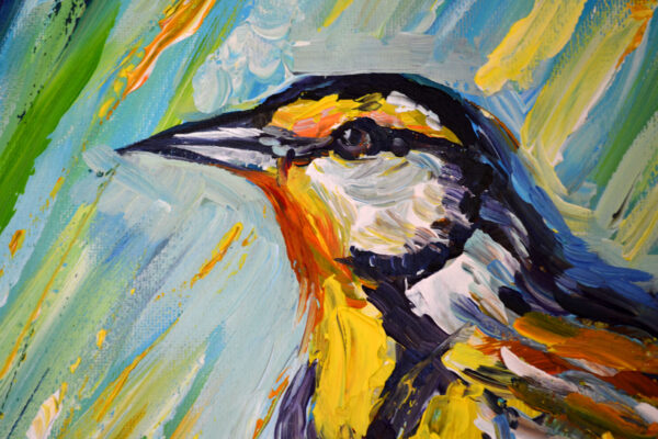 Vibrant acrylic painting of a meadowlark by Lada Kholosho. Bold colors, dynamic brushstrokes. One-of-a-kind, ready to hang, ships worldwide.
