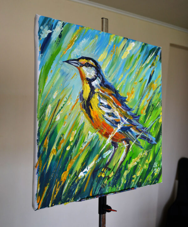 Vibrant acrylic painting of a meadowlark by Lada Kholosho. Bold colors, dynamic brushstrokes. One-of-a-kind, ready to hang, ships worldwide.