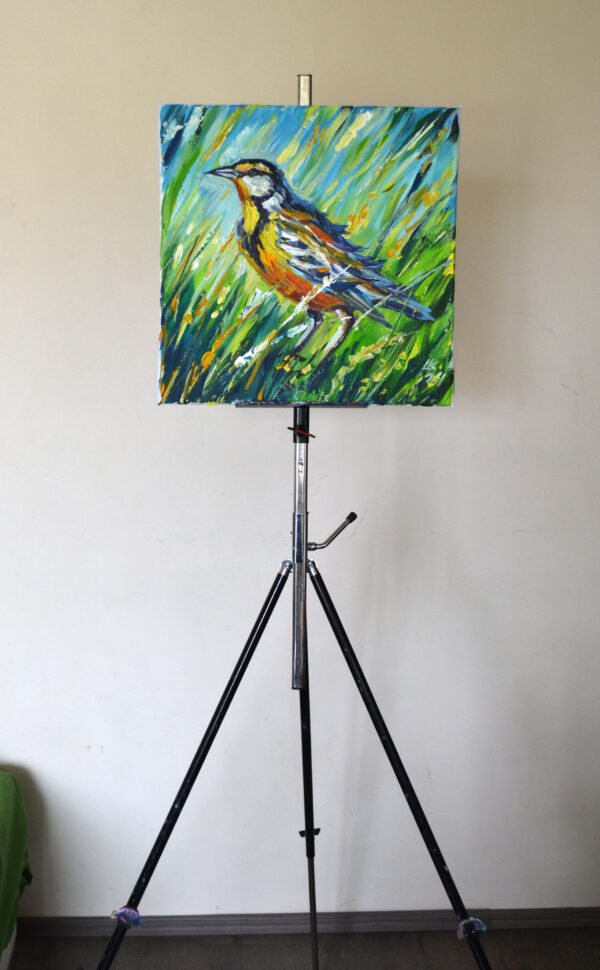 Vibrant acrylic painting of a meadowlark by Lada Kholosho. Bold colors, dynamic brushstrokes. One-of-a-kind, ready to hang, ships worldwide.